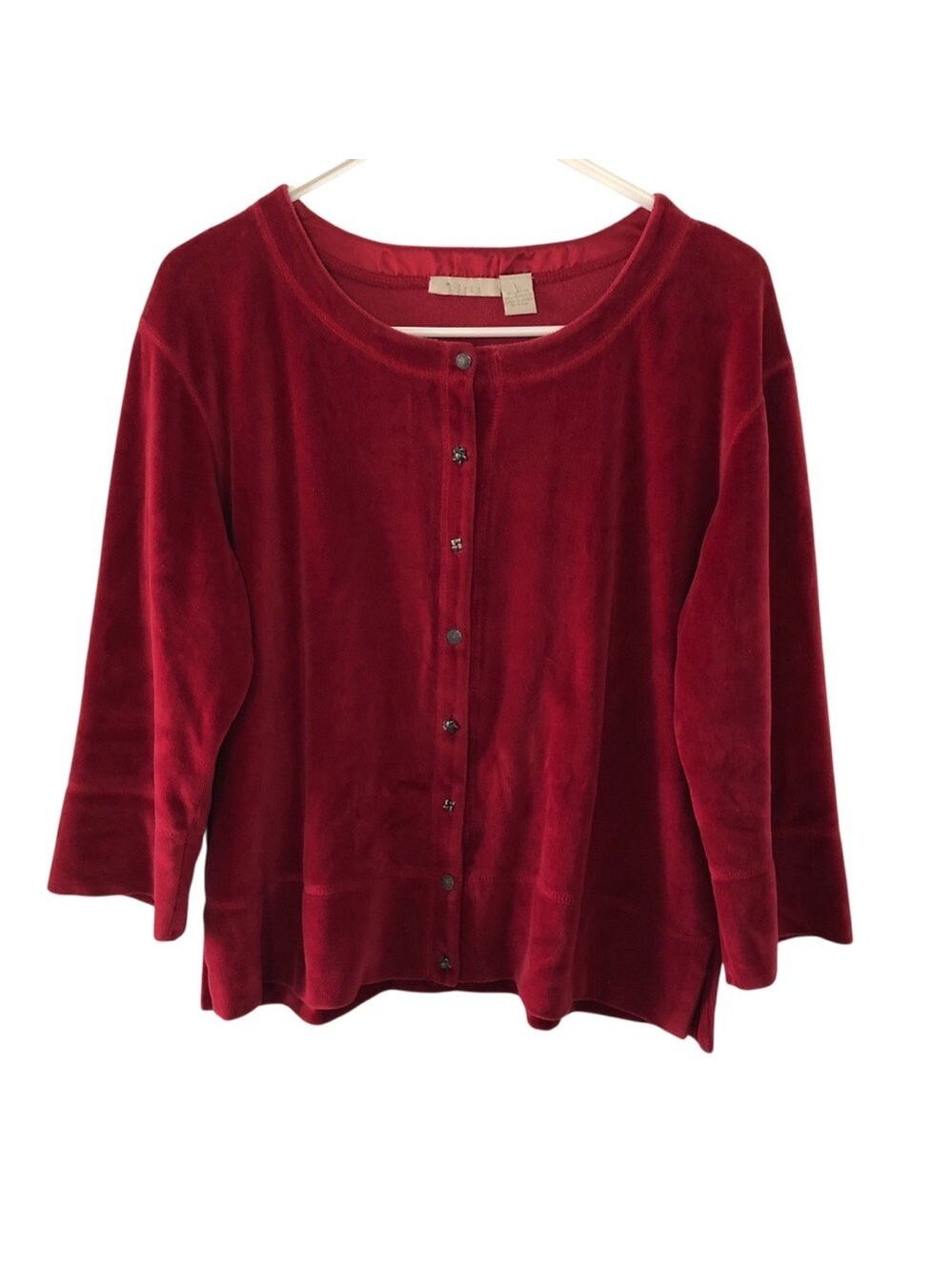 J. Jill Red Crushed Velvet Velour Button-Front Cardigan Size Large Sweater